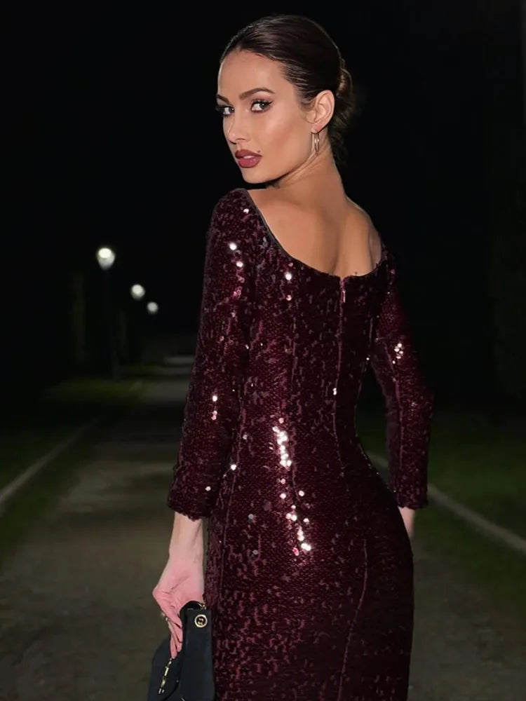 Luxury Women Celebrity Sexy Off Shoulder Burgundy Mesh Sequins Maxi Long Gowns Dress 2024 Elegant Evening Party Club Vestido