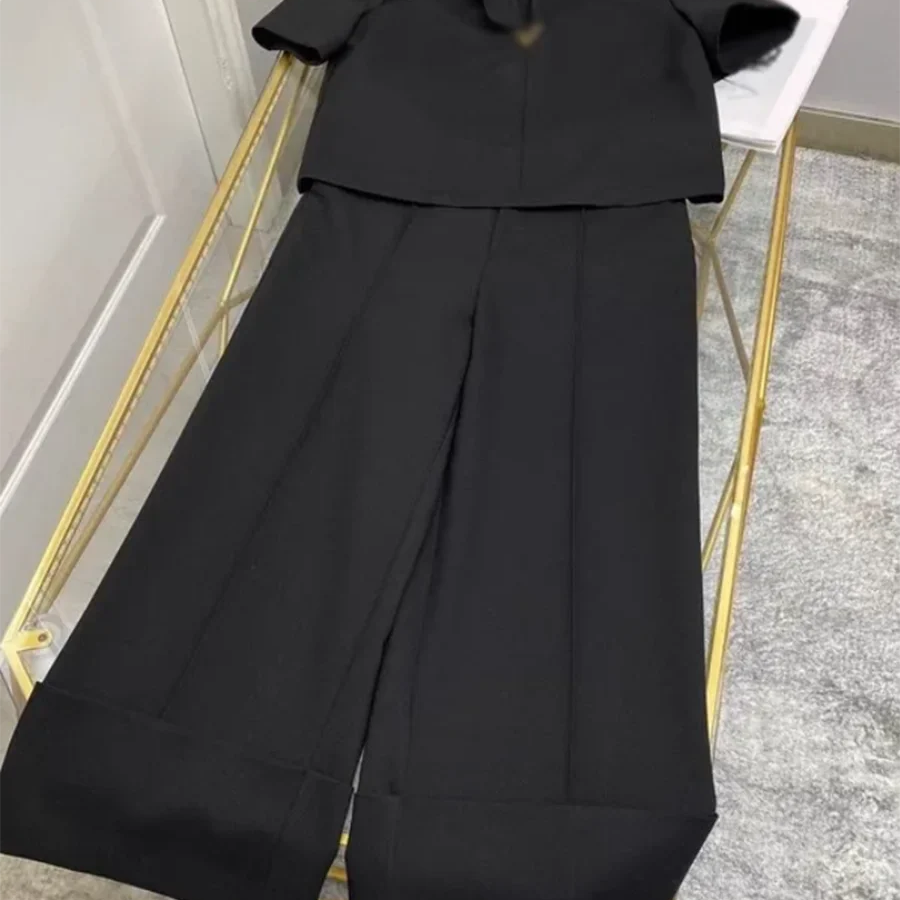 Solid Elegant Two Piece Sets for Women Lapel Short Sleeve Spliced 3D Flower Top High Waist Wide Leg Pant Set Female