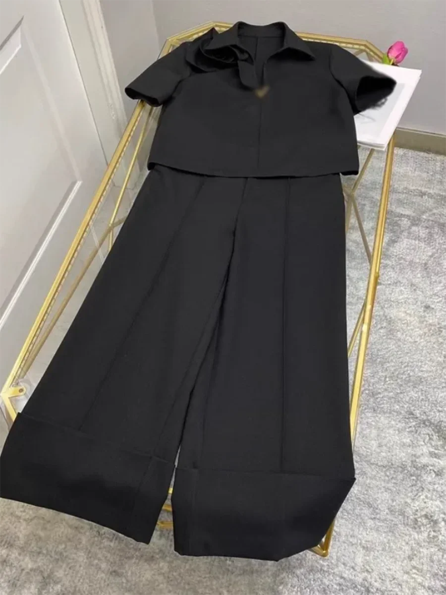 Solid Elegant Two Piece Sets for Women Lapel Short Sleeve Spliced 3D Flower Top High Waist Wide Leg Pant Set Female