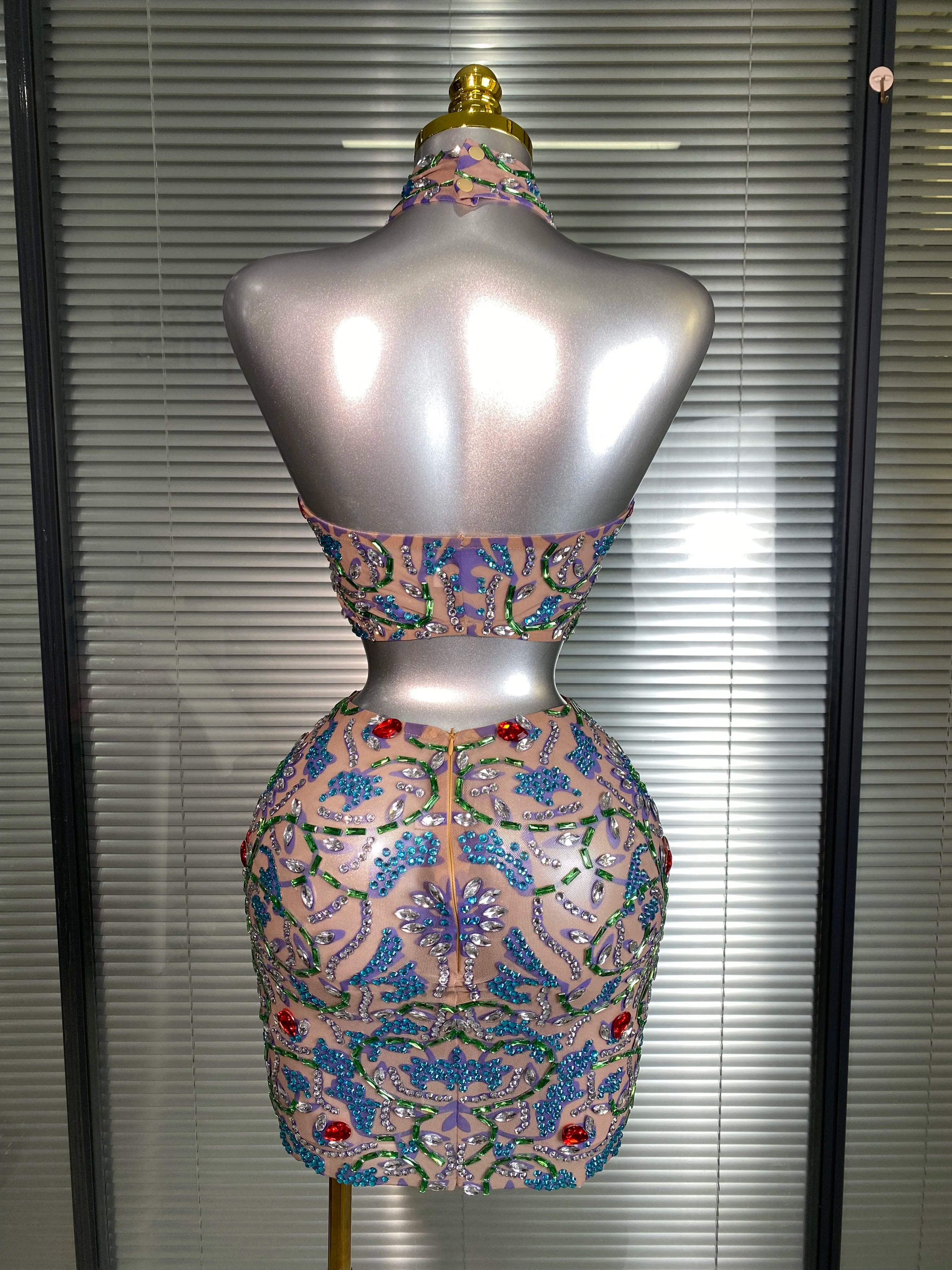 New Women Sexy Two Pieces Set Crystal Diamond Halter Skirt Suits Singer Dancer See Through Stage Performance Costume