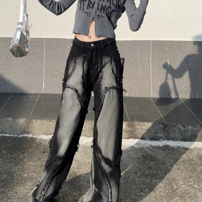 Autumn Winter New Straight Tube Denim Pants Woman American High Street Wide Leg Women's Jeans Black Tassels Women's Pants black