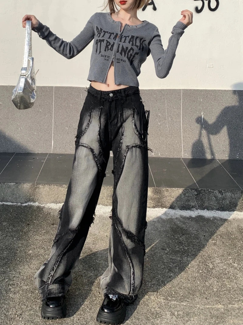 Autumn Winter New Straight Tube Denim Pants Woman American High Street Wide Leg Women's Jeans Black Tassels Women's Pants black