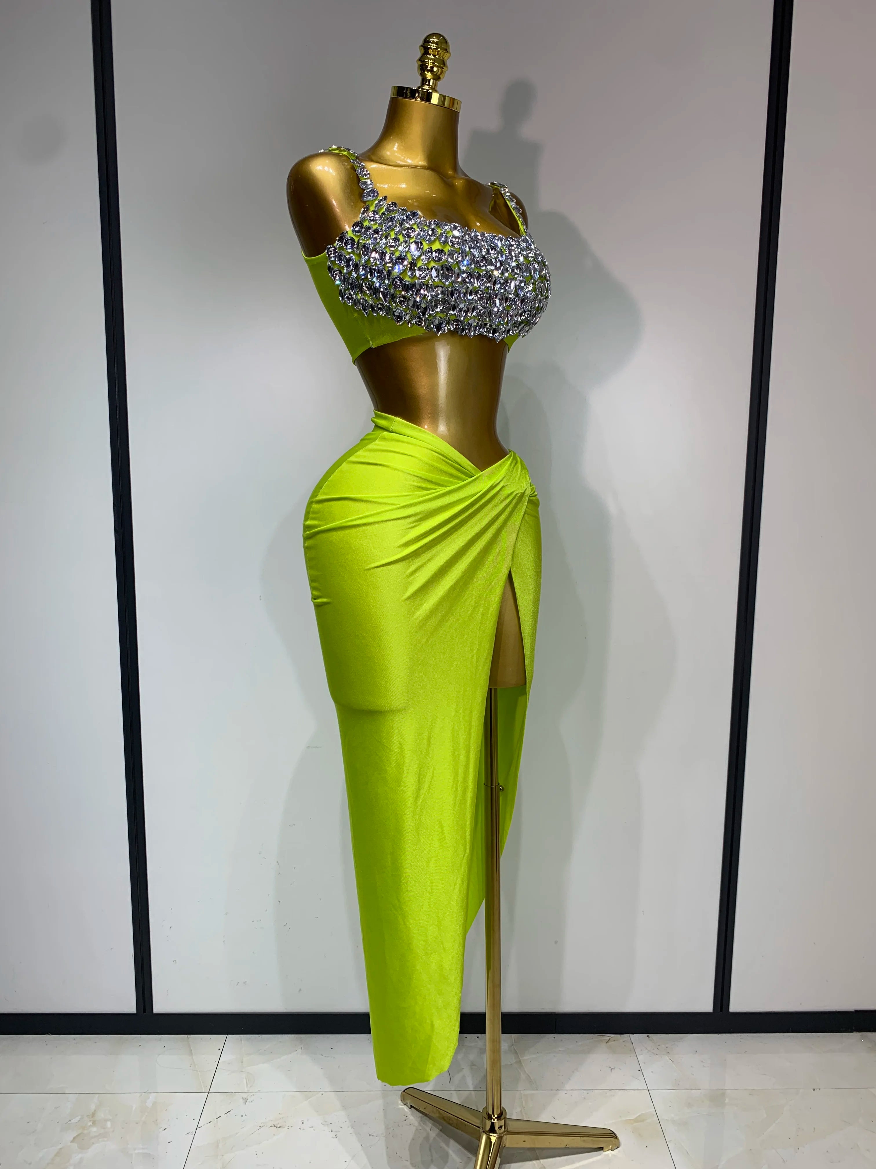 Women Sexy Sparkly Rhinestone Two Pieces Set Stretched Nightclub Skirt Suits Birthday Singer Dancer Stage Performance Costume