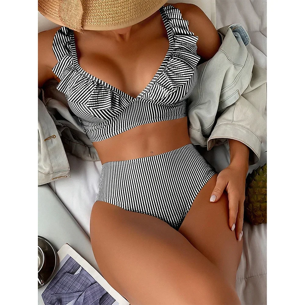 Sexy Striped Ruffle Bikini Swimsuit Women 2024 Two-piece Swimwear High Waisted Bikinis Sets Female Bathing Suit Push Up Monokini Black Striped
