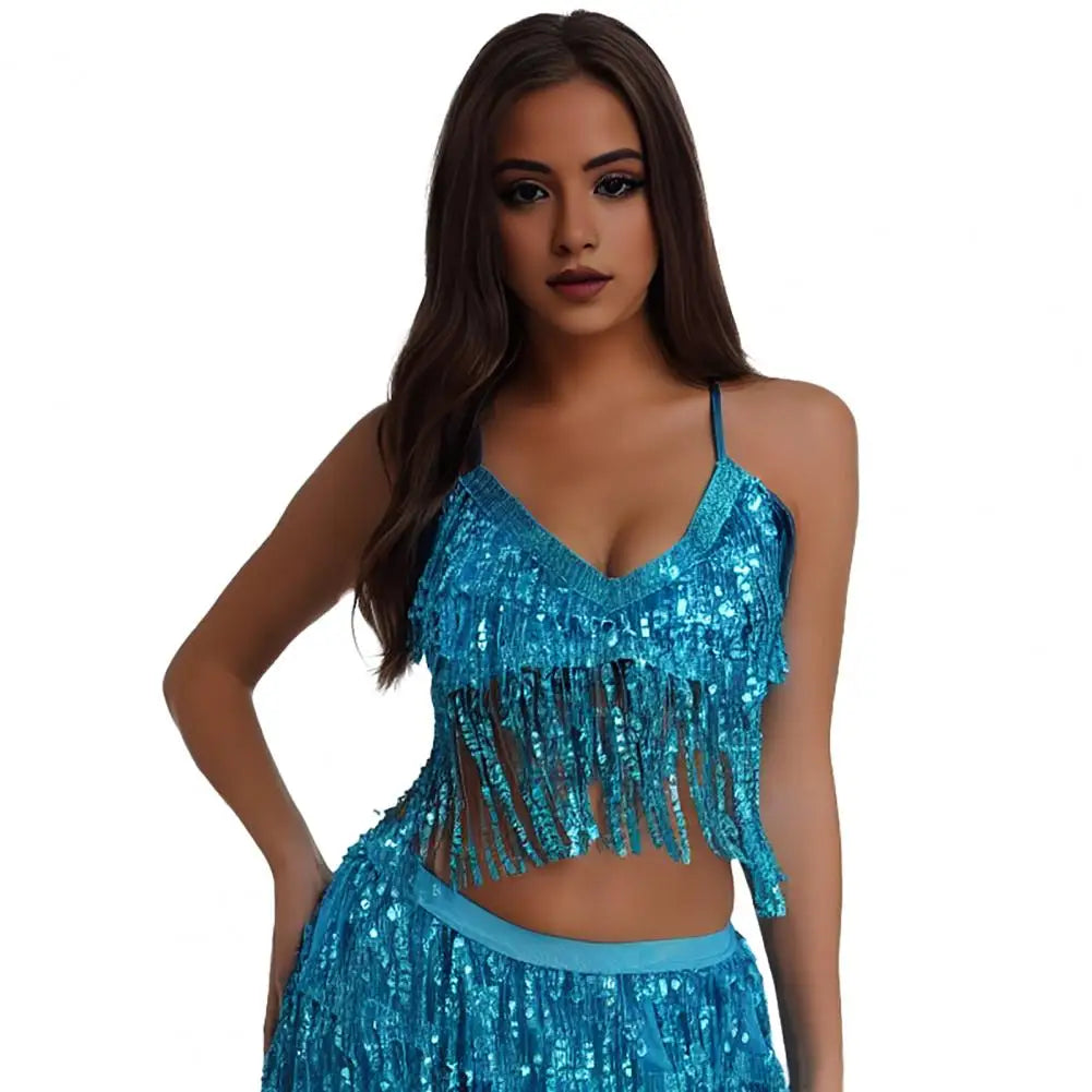 Sequin Tank Top Sparkling Sequin Fringe Halter Top for Women Belly Dance Nightclub Performance Bra Shiny Bronzing Vest Sexy Lake Blue One Size