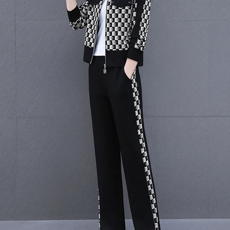 Casual Sweatsuit Women Autumn Fashion Zip up Jacket Coat and Cropped Pants Two Piece Set Plaid Stand Collar Outfits Black