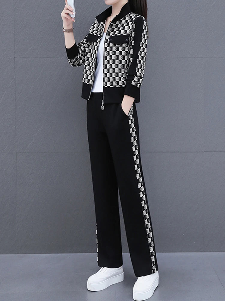 Casual Sweatsuit Women Autumn Fashion Zip up Jacket Coat and Cropped Pants Two Piece Set Plaid Stand Collar Outfits Black