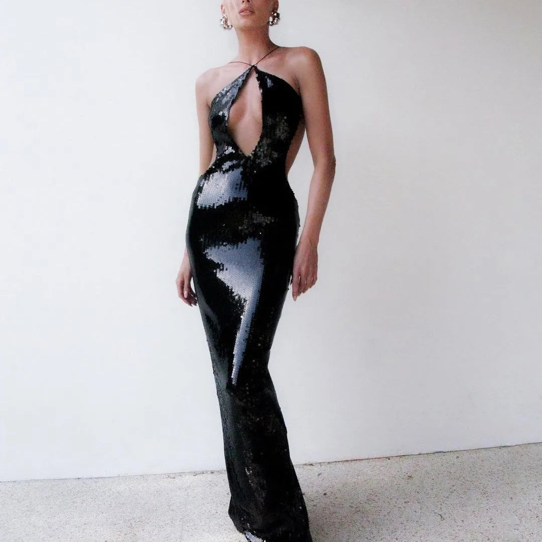STOCK Black Sequins Sexy Holllow Out Backless Halter Bodycon Long Dress Celebrity Birthday Party Dress Club Party Outfit