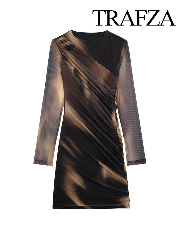 Fashion Women Sexy Mini Dresses O-neck Bodycorn Long Sleeve Pleated Mesh Print Vestidos Female Streetwear Mini Dress