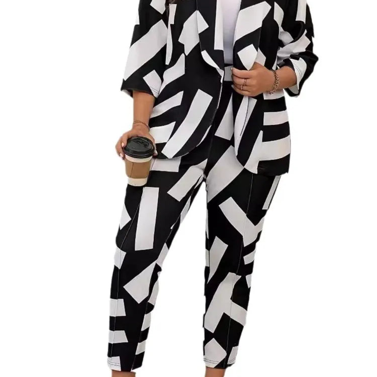 Plus Size Autumn Graffiti Print 2 Two Piece Set Women Long Sleeve Modis Ladies Blazer Suits Casual High Waist Woman Pencil Pants
