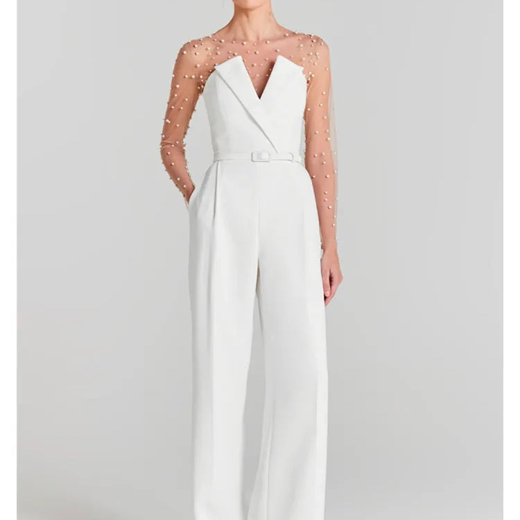 Women Summer Luxury Sexy Long Sleeve Pearl White Bodycon Set Jumpsuit Celebrity Designer High Street Rompers