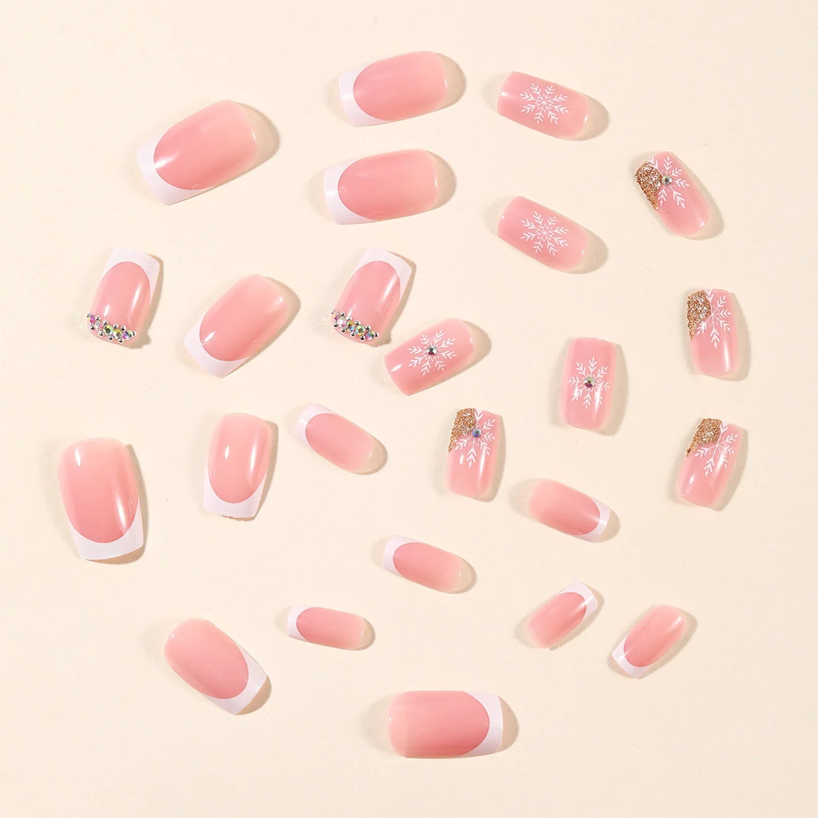 Nude Pink Fake Nails 24Pcs White French Press On Nails Snowflake Printed Women Girls Christmas Party Wearable False Nails Art