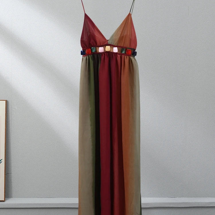 Sexy Backless Slip Long Chiffon Beach Sling Dress For Women Summer Vacation Contrasting V Neck Holiday Beachwear Dresses