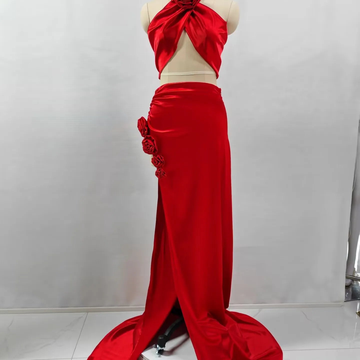 Red Black Christmas Style Women Sexy Florals 2 Pieces High Split Floor-length Dress Nightclub Party Cocktail Celebrate Wear