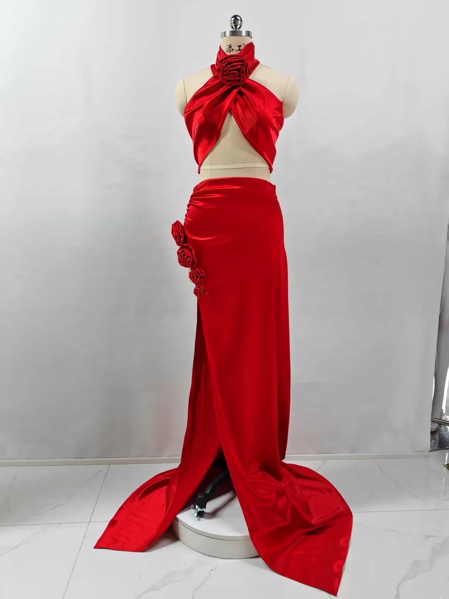 Red Black Christmas Style Women Sexy Florals 2 Pieces High Split Floor-length Dress Nightclub Party Cocktail Celebrate Wear