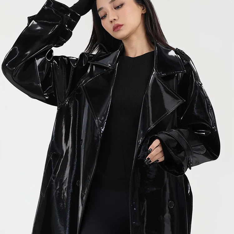 Spring Autumn Long Shiny Reflective Patent Leather Trench Coat for Women Sashes Luxury Designer Runway European Fashion