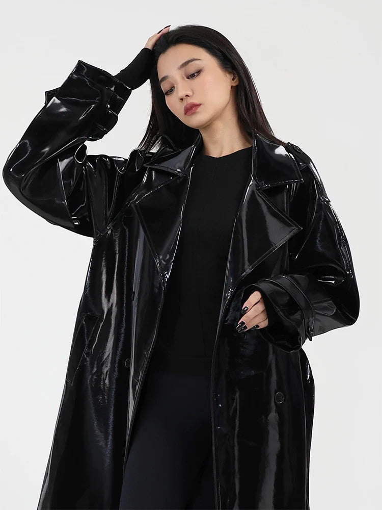 Spring Autumn Long Shiny Reflective Patent Leather Trench Coat for Women Sashes Luxury Designer Runway European Fashion