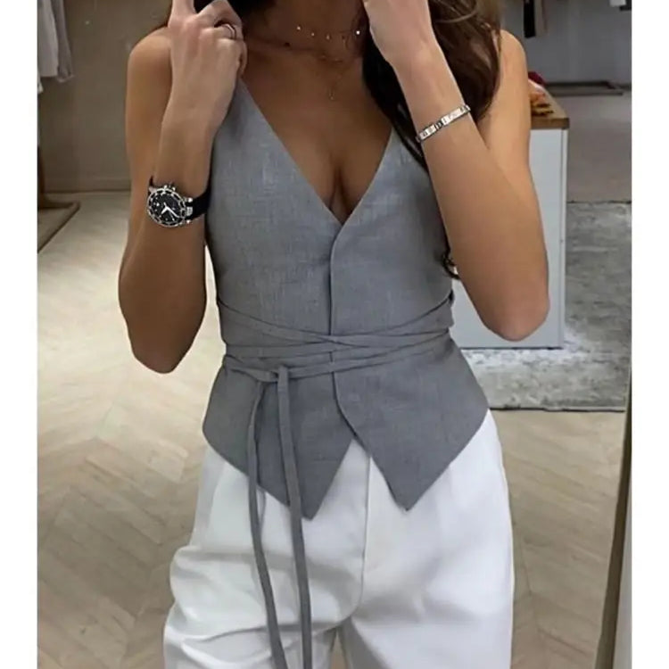 Elegant Chic Lace-up V-neck Women Vest Solid Slim Sleeveless Tops Female Spring Summer Fashion Sexy Lady Streetwear