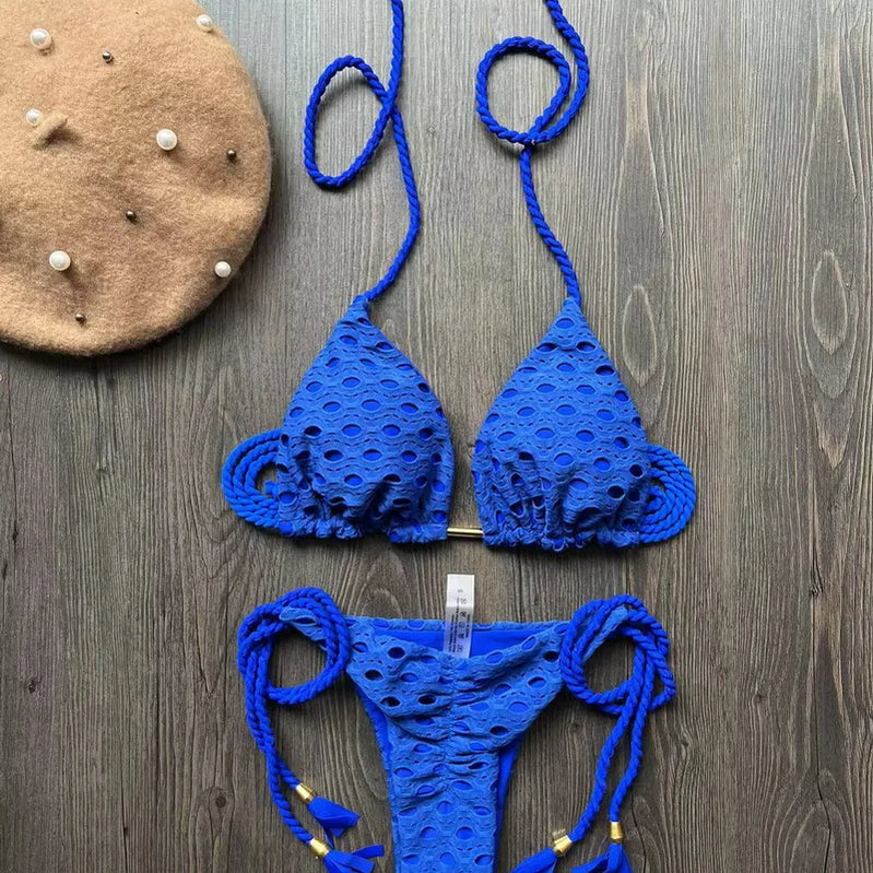Para Praia Hollow Out Bandage Swimwear Halter Bikini Set Thong Swimsuit Women Biquini Brazilian Bathing Suit Beachwear 8286