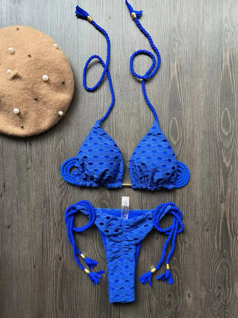 Para Praia Hollow Out Bandage Swimwear Halter Bikini Set Thong Swimsuit Women Biquini Brazilian Bathing Suit Beachwear 8286