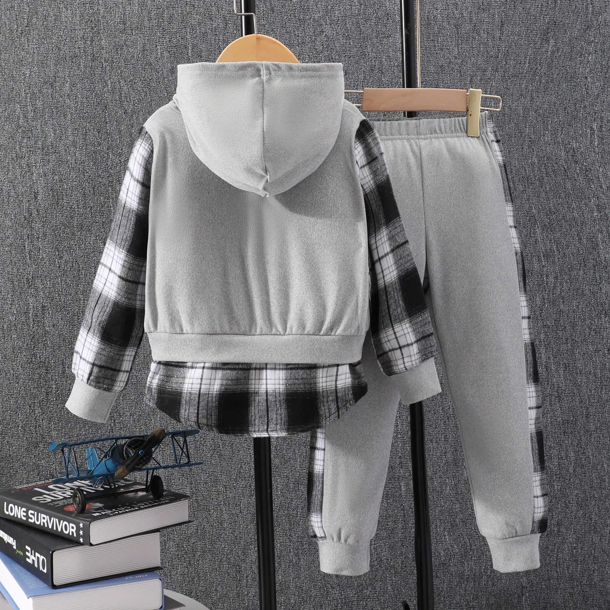 Autumn New Boy Set Long Sleeve Checked Hooded Top+Checked Pants Boys' Set Autumn/Winter Fashion Children's Set