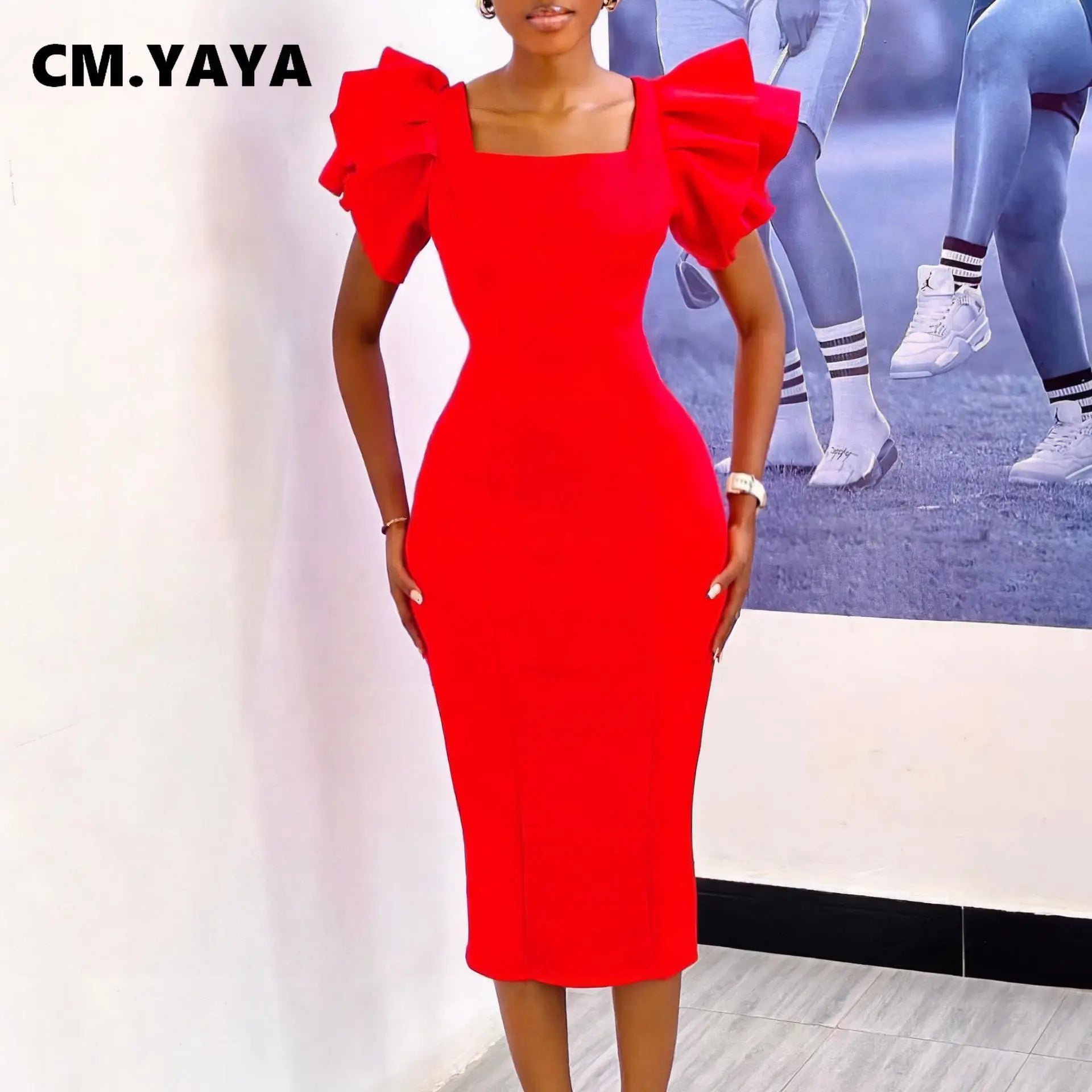 CM.YAYA Women Ruffles Short Sleeve Square Collar Knee Length Dress Street Vestidos Sexy Night Club Party Evening Chic Dresses