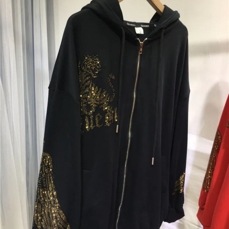 Plus Size Women Clothing Rhinestones Zip Up Hoodies & Sweatshirt Women Men Winter Autumn Luxury Brand Hoodie Woman Blouse Black-ZipUp-Hoodies