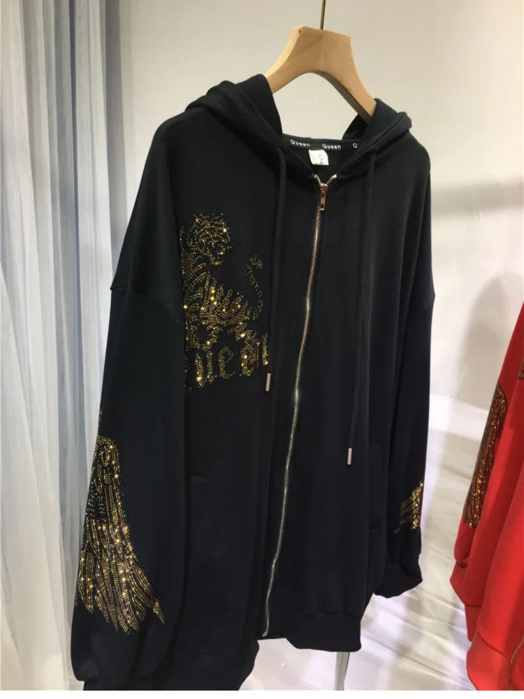 Plus Size Women Clothing Rhinestones Zip Up Hoodies & Sweatshirt Women Men Winter Autumn Luxury Brand Hoodie Woman Blouse Black-ZipUp-Hoodies