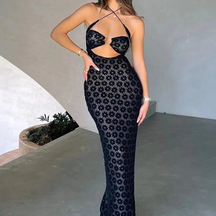 Nibber Solid Color Hanging Neck Maxi Dress Sexy Hollow Women Perspective Bag Hips Robe Female Street Trendy Dresses Clothing black