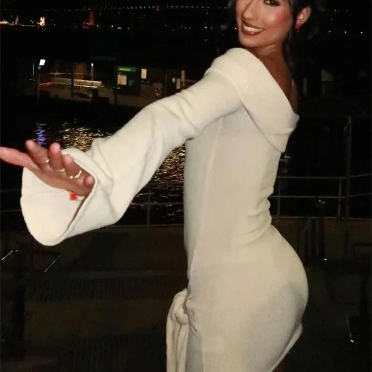 Knit Sweater Lace-Up Mini Dress Female Off-Shoulder Slim Patchwork Loose Twist Ribbed Knitwear Dress Women's Party Dress