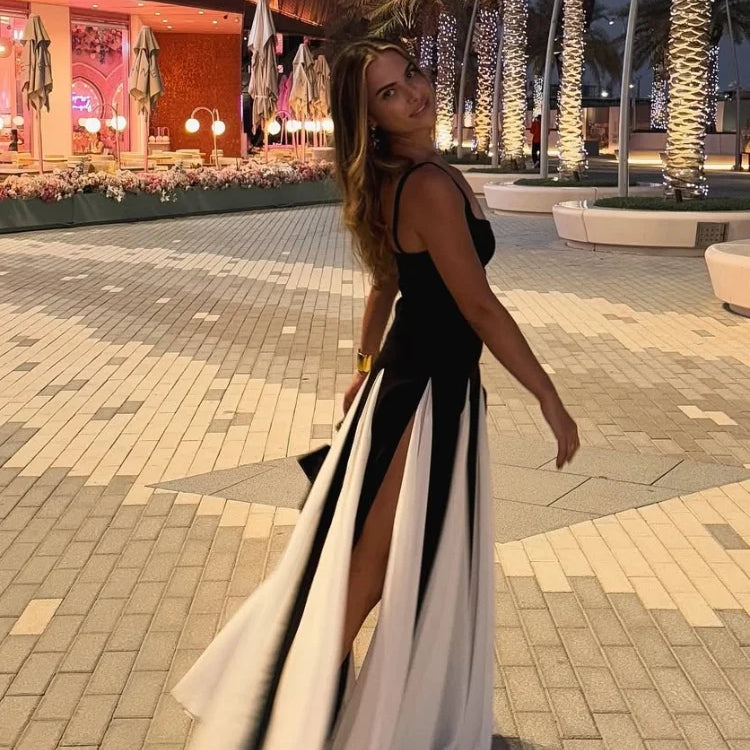 Fashion Contrasting U Neck Sling Maxi Dress Women Elegant Sleeveless Backless A-line Hem Robe Lady High Slit Summer Dresses 2025
