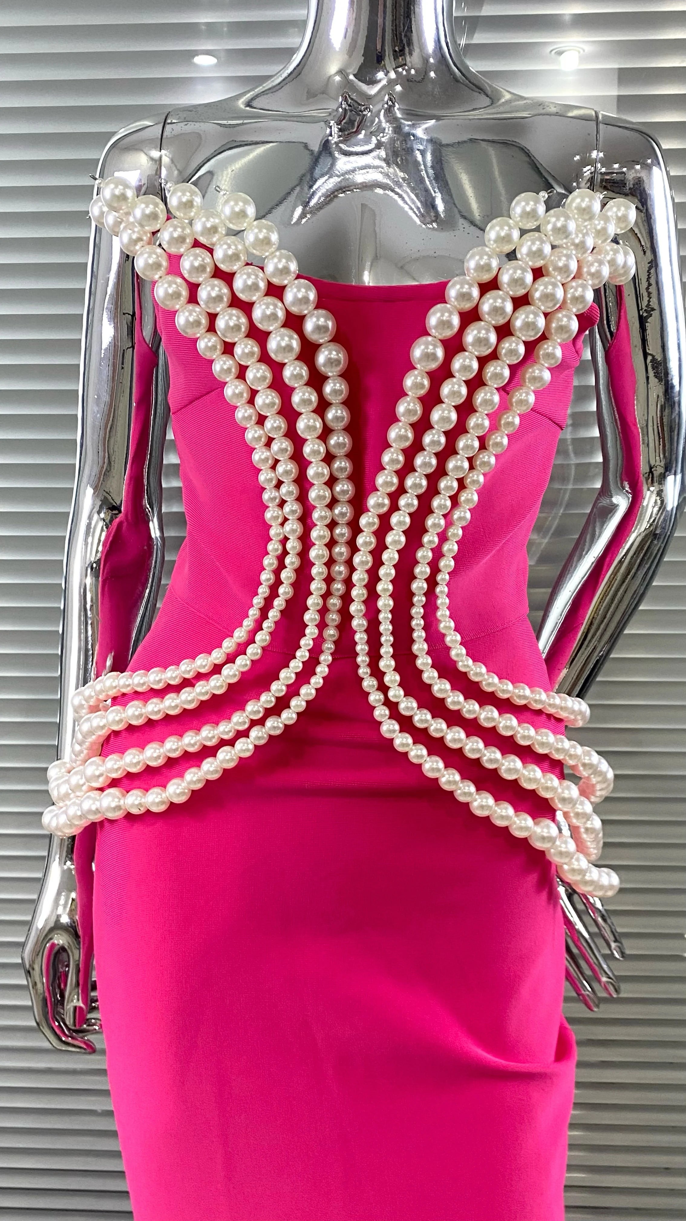 Luxury Pearl Geometric Design Strapless Package Hips Bandage Long Dress Elegant Woman Party Dress Celebrity Party Vestido