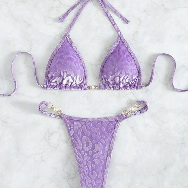 Sexy Leopard Print Glossy Bikini Women's 2-piece Thong Swimwear Suspender Lace-up Low Waist Backless Bathing Suit Beachwear PURPLE