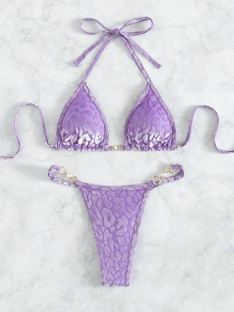 Sexy Leopard Print Glossy Bikini Women's 2-piece Thong Swimwear Suspender Lace-up Low Waist Backless Bathing Suit Beachwear PURPLE