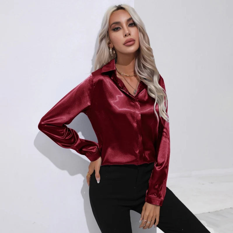 Spring Autumn Satin Shirt Women V Neck Long Sleeve Office Shirt Blouses Ladies Black White Silk Loose Shirts For Women