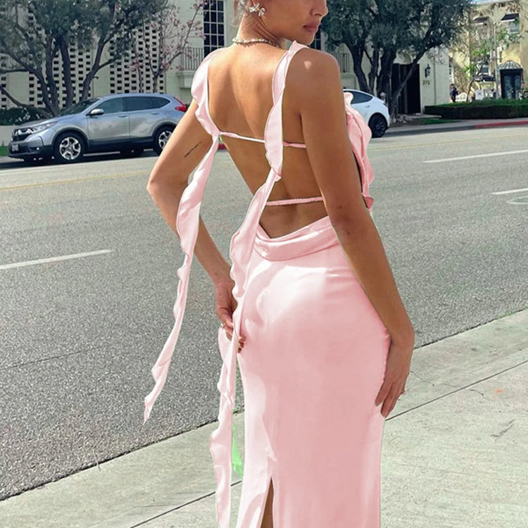 Ladies Summer Ruffle Y2K Clothes Sleeveless Backless Bandage Bodycon Maxi Dresses For Women Fashion Birthday Party Club Wear Pink