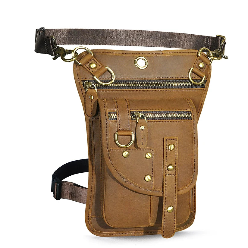 Leather Multipurpose Men Travel Mochila Crossbody Messenger Bag Hook Belt Waist Pack Drop Leg Phone Case Bag light brown 2