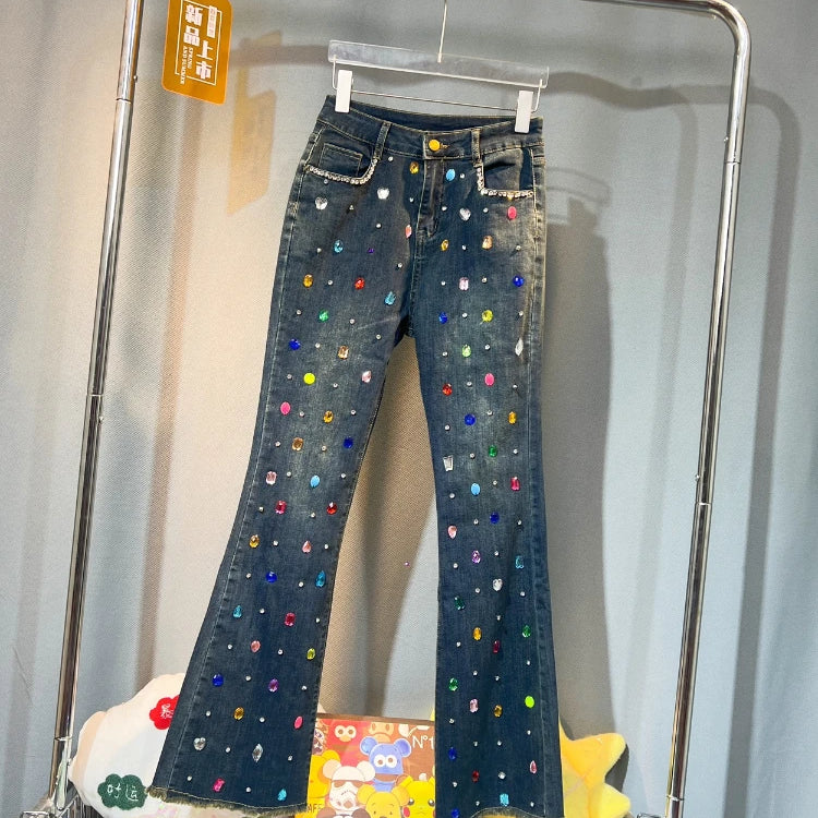 Exquisite Rhinestone Beaded Black Bell-Bottom Pants Women's Autumn Winter Jeans High Waist All-Matching Denim Blue Pants