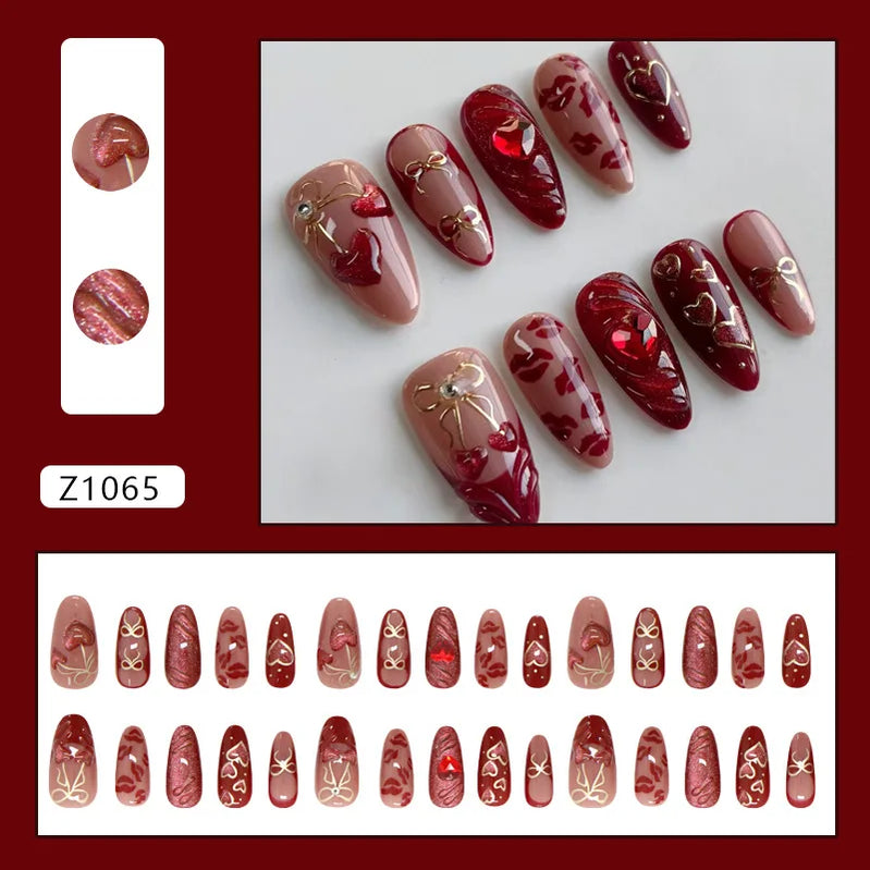24pcs False Nails Glossy Green Summer Almond Fake Nail Tips Wearable Detachable Fashion Flower Print Press on Nails for Girl