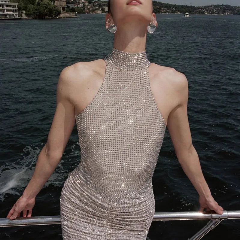 Women Celebrity Sexy Sleeveless Diamonds Backless Ruched Beige Maxi Long Gowns Dress  Elegant Evening Party Club Vestido