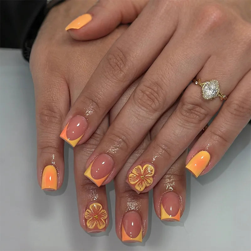 24pcs Simple Flower Press on Nails Sets Orange French Mid-length Square Fake Nail Tips Reusable False Nail Art Finished Manicure