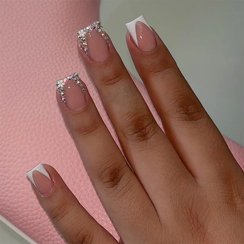 24Pcs Leopard Print French Press on Fake Nails Short Square Head Reusable Full Cover Nails Tips 3D Flower Rhinestone False Nails