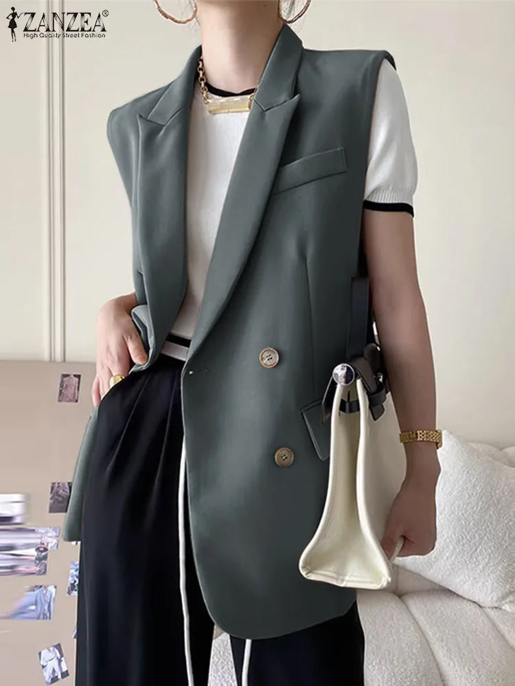 Fashion Women Vests Korean Style Sleeveless Casual Blazer Elegant Peak Lapel Suit Coats Oversize OL Black Vests