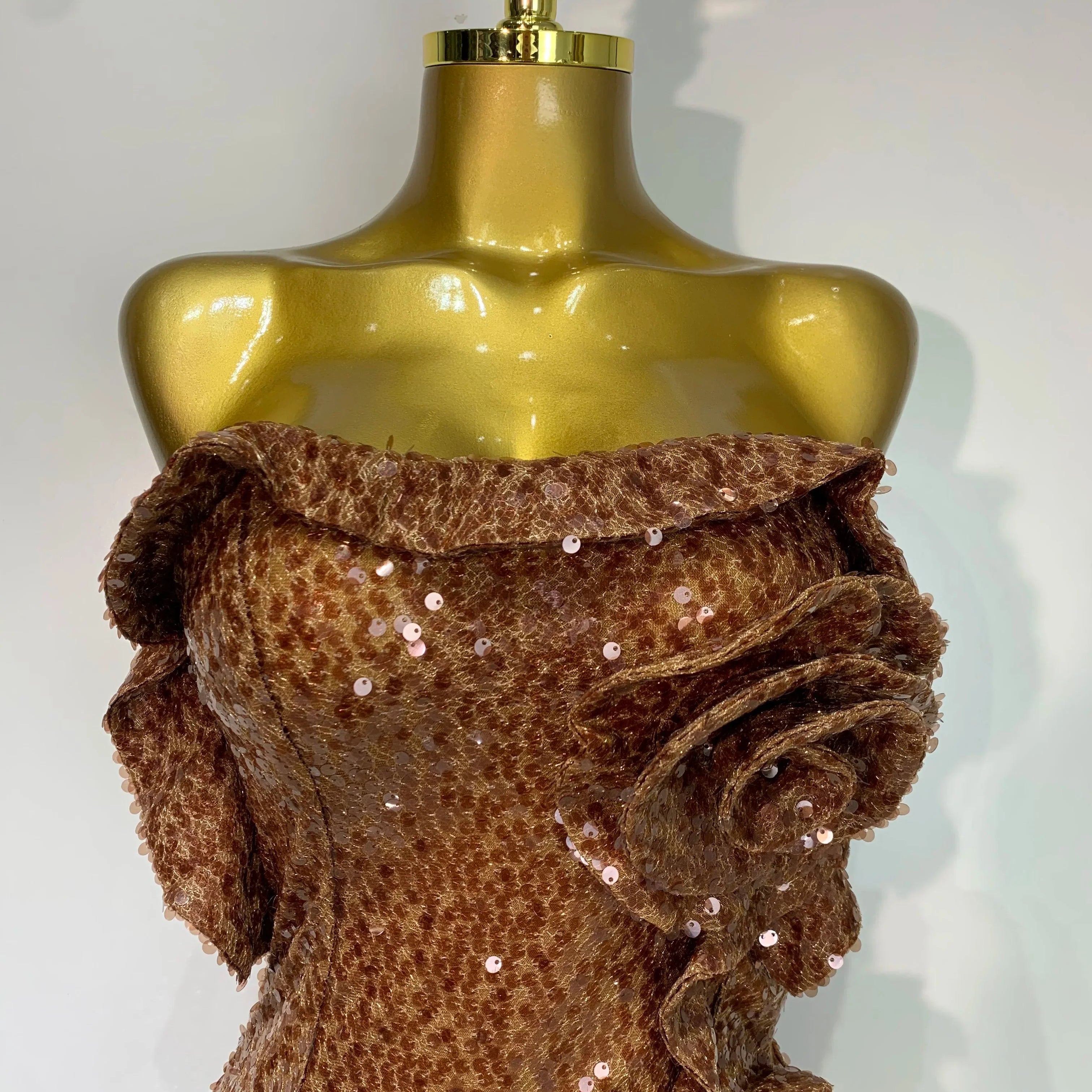 Women Sexy Strapless Backless Brown Sequins Mini Dress  Celebrity Elegant Evening Party Club Luxury Birthday Guest Gown