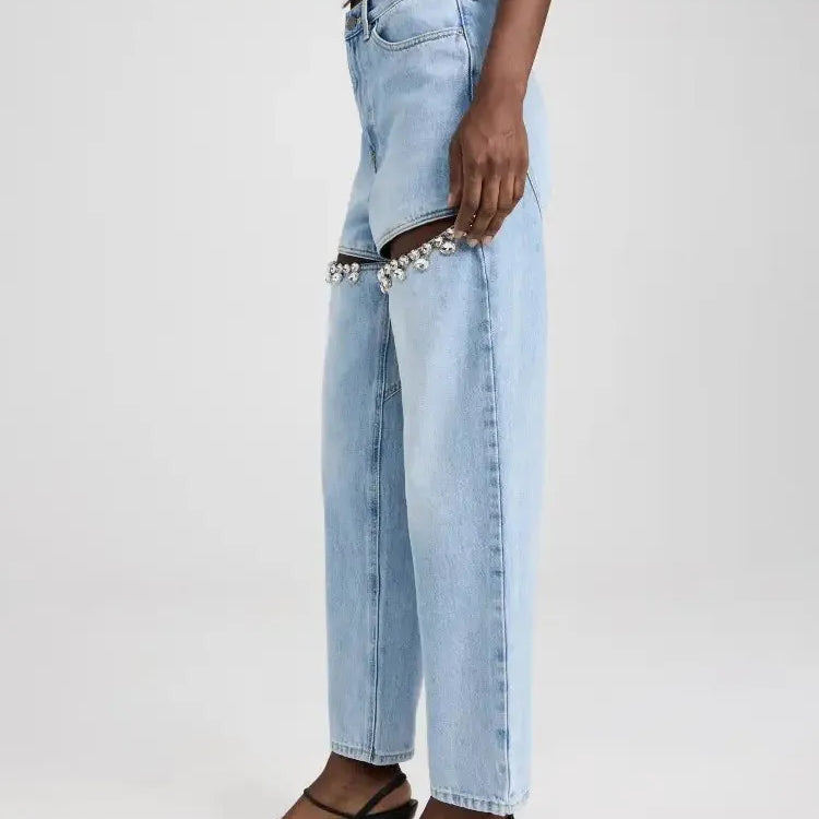 BPN Casual Spliced Diamond Jeans For Women High Waist Hollow Out Solid Loose Wide Leg Denim Pants Female spring Clothing Style