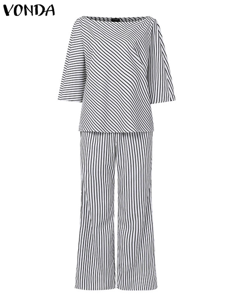 VONDA Plus Size Women Matching Sets 2025 Elegant Off Shoulder Pant Sets Printed Striped Trousers Suits Tops and Wide Leg Pants