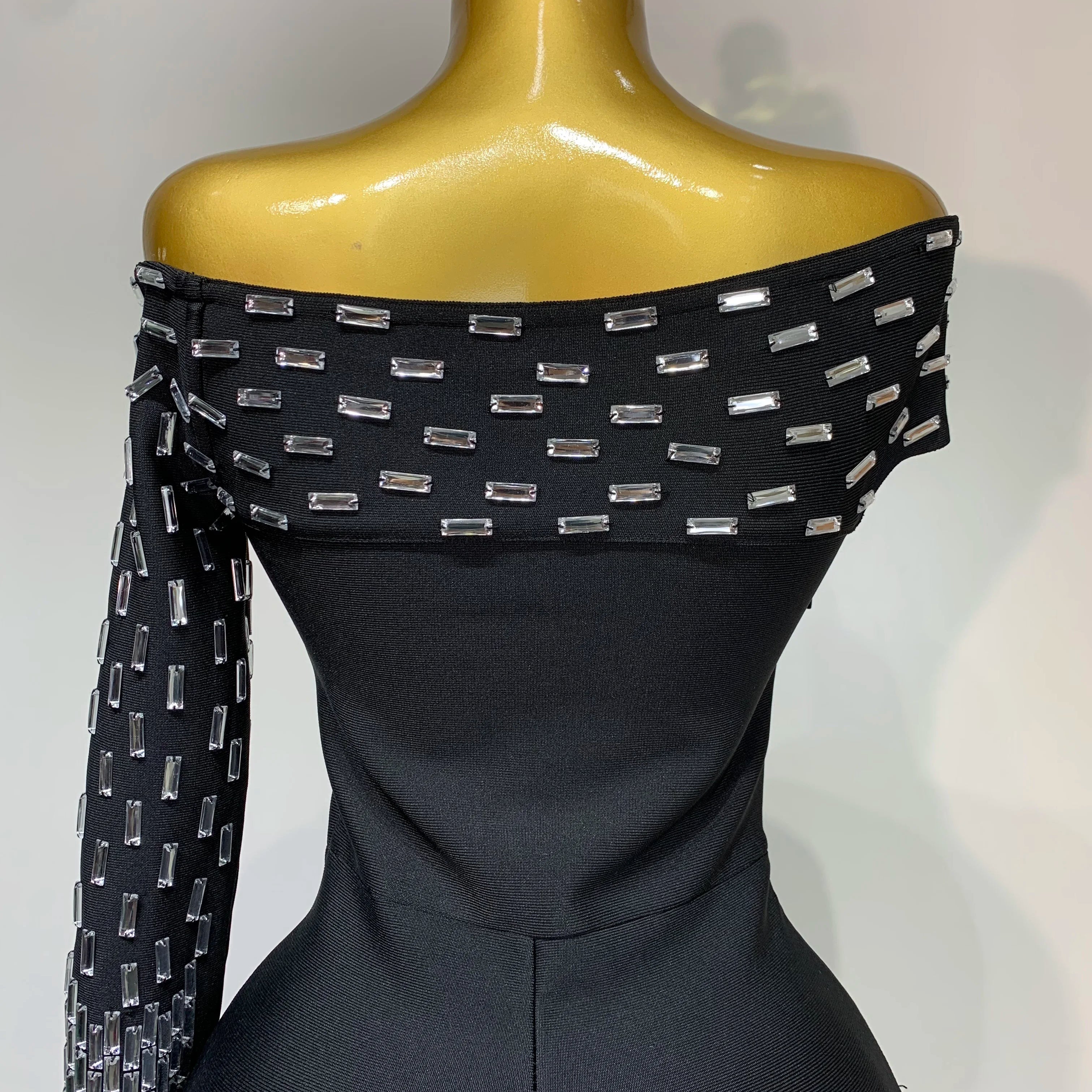 Women Celebrity Sexy Off-shoulder Diamonds Black Maxi Long Bandage Dress Evening Party Celebirty Elegant Stage Performance Dress