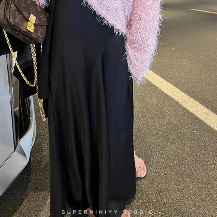 HOUZHOU Elegant Satin Skirt Summer Women Korean Fashion Solid High Waist Casual Long Skirts White Streetwear Office Lady