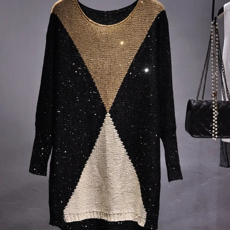 The European Fashion Women Long Breeze Light Film Loose Sweater Knit Knitted Sequined Patchwork Sweaters for Women black One Size