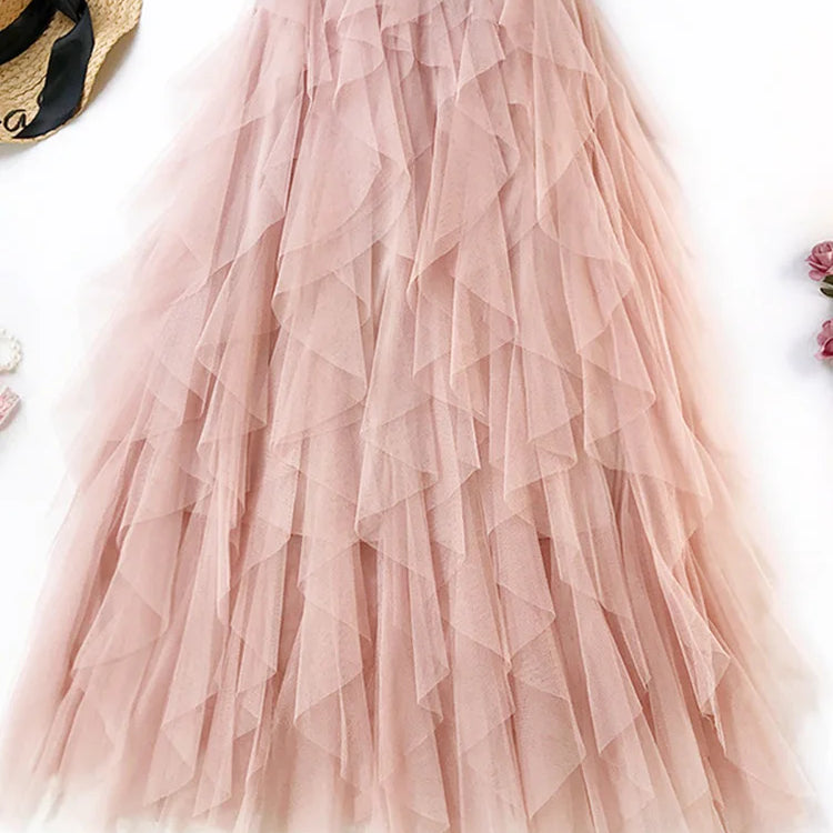 Fashion Tutu Tulle Skirt Women Long Maxi Skirt Spring Summer Korean Black Pink High Waist Pleated Skirt Female Pink One Size